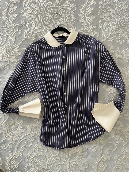 Marc Jacobs Tops - Striped Navy Button-Down Shirt with Contrast White Collar French cuffs oversized
